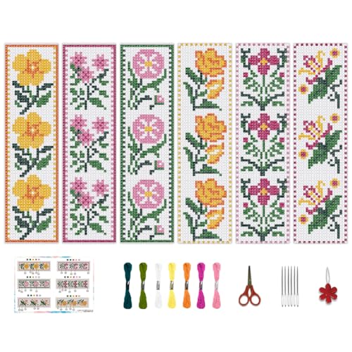 Image of BEUNITONE Cross Stitch Bookmark Kit 6 Pcs Flower DIY Bookmarks Cross Stitch Kits for Adults Beginners with Instructions Cute Pre-Sorted Floss Cross-Stitch Stamped Embroidery Kit for Gifts 8''x2.4''