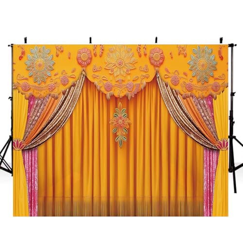 Image of Indian Backdrop 10x8ft India Pooja Marigold Yellow Curtain Photography Background for Wedding Diwali Traditional Festival Party Decorations