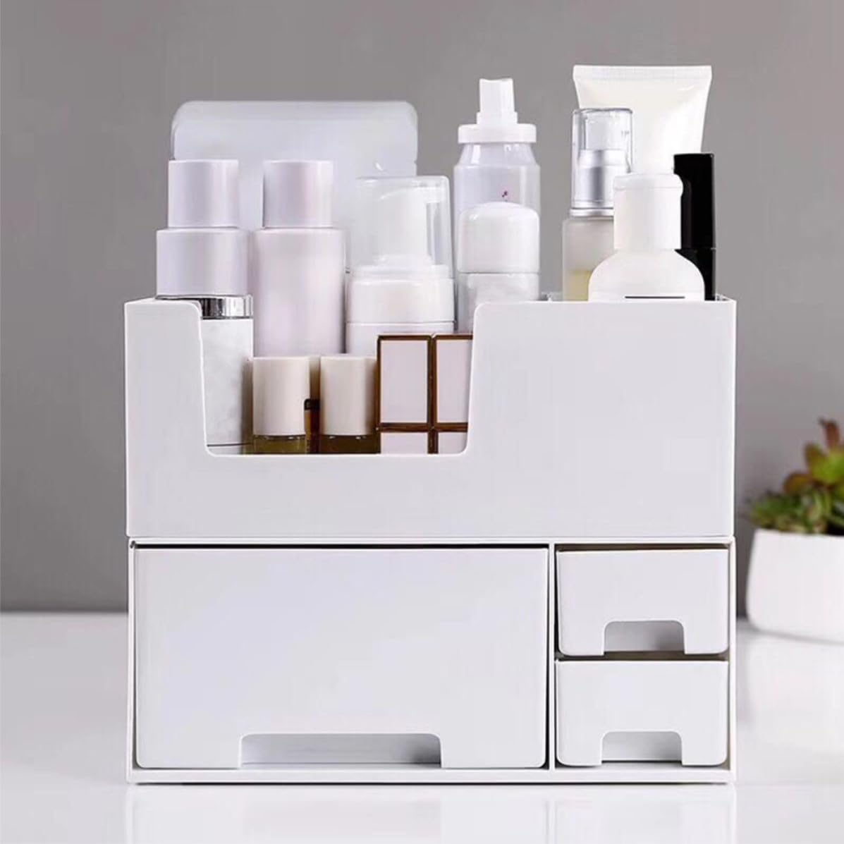 Organizzatore Porta Trucchi in Plastica Bianco Doppio Strato, Contenitore Cosmetici da Banco Facile da Pulire e Organizzare per Cassetti e Tavoli