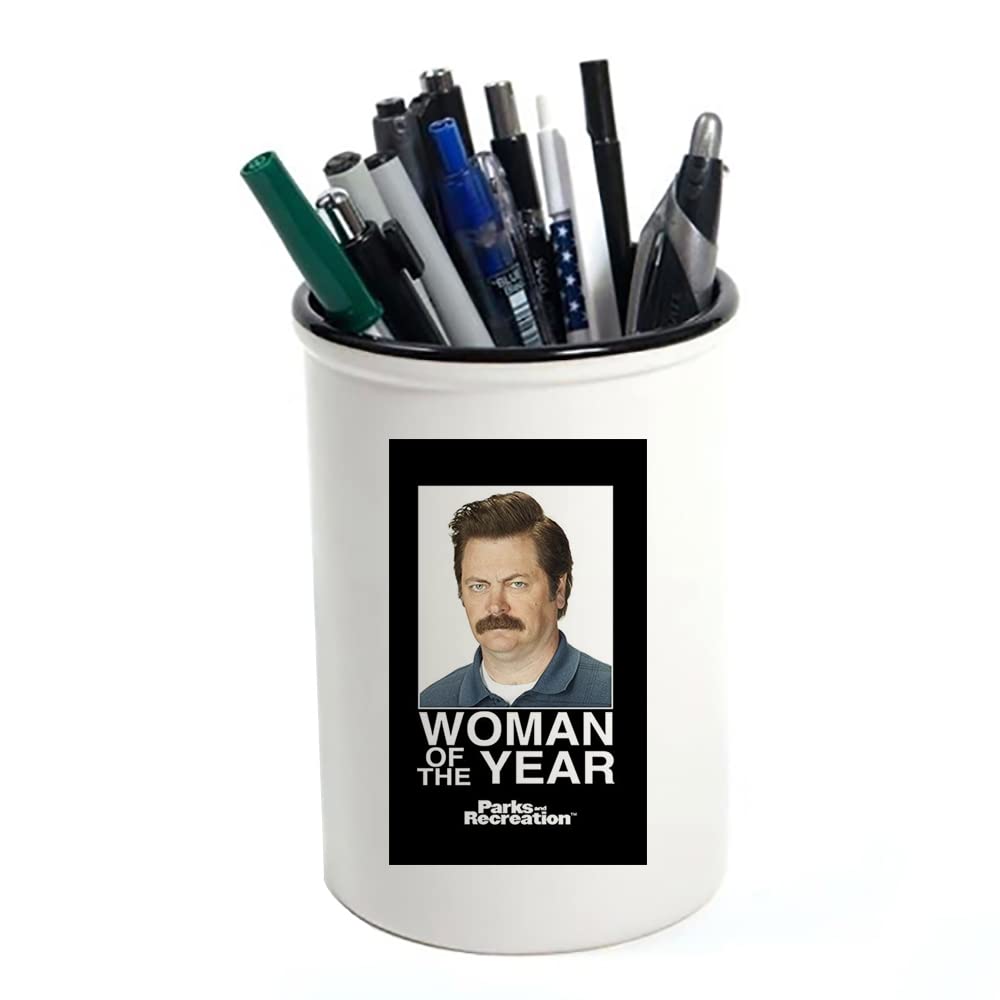 Giftme Ron Swanson Woman of the Year Birthday, secret santa Desk accessories Pen/Pencil Pot Makeup Pot Brushes Holder Stuff Storage Pot.