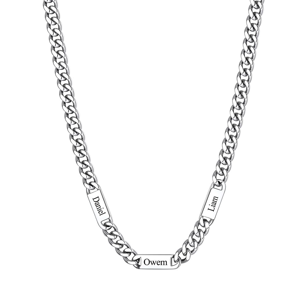 Custom4U Collier Personnalisé pour Homme avec 1-6 Prénoms Chaîne Cubaine Acier Inoxydable, Chaîne 5/7MM 45/50/55/60+5cm, Collier Argent/Or Cadeaux pour Hommes, Femmes et Famille