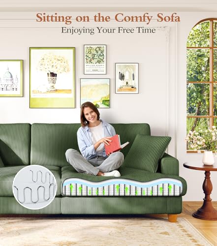 Image of Kidirect 87in U Shaped Couch, Modular Sofa No Tool Assembly, Comfy Sectional Couches for Living Room 21in Deeper Seats, Corduroy Sofas for Living Room with 2 Pillows, Loveseat Sofa Set, Green Couch