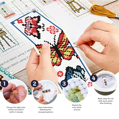 Image of FREEBLOSS 6 Set Insect Cross Stitch Bookmark Stamped Cross Stitch Kit with Garden Insect Patterns Embroidery Kit with Instruction DIY Bookmark Kit for Gift Adults 8.67''x3''