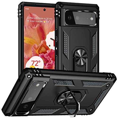 Yiakeng Pixel 6 Case Google Pixel 6 Case Silicone Shockproof Military Grade Protective Phone Cover with Ring Kickstand for Google Pixel 6 (Black)