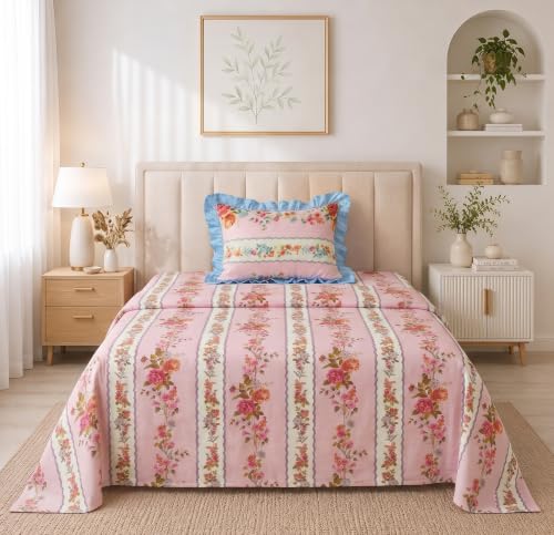 Image of BSB HOME 240 Tc Premium Single Bed Bedsheet, Soft Comfortable Bed Sheet with 2.5 Inches Frill Border, Stylish Printed Bedding for Bedroom, Elegant Bedsheet, 60 x 90 Inches - Mauve Pink