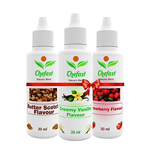 Image of Chefast Pack of 3 Baking Essence Flavour of Creamy Vanilla, Butter Scotch, Strawberry for Cake, Ice-Cream, Milkshakes- 30ML ( Use 2-3 Drops Essence for 250 Grm Cake) This is Flavour only,Not a Color