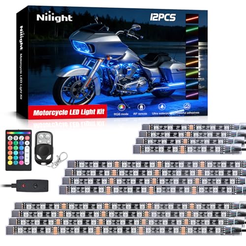 Nilight - TL-35 12PCS Motorcycle RGB Led Light Kit Waterproof Multi-Color Atmosphere Lights Lamp with Dual RF Wireless Remote Controllers for Harley Davidson Honda Kawasaki Suzuki, 2 Years Warranty