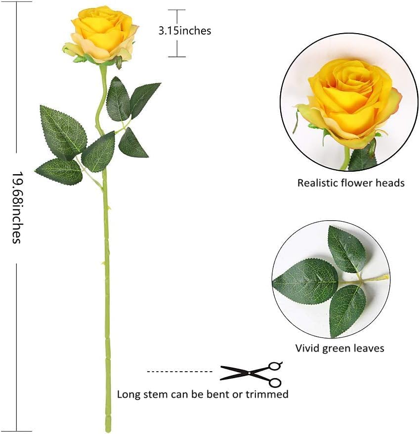 Yellow Fake Roses Artificial Flowers - 10 Pcs Fake Artificial Roses Silk Flowers with Stems for Home Wedding Hotel Office Centerpiece Decor - Image 7