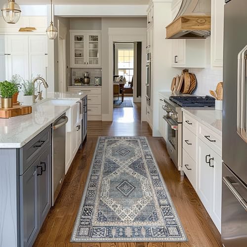 GENIMO 2x6 Non Slip Hallway Runner Rug, Machine Washable, Thin & Low Pile Lightweight for Kitchen, Laundry, Entryway, Bedroom & Living Room, Blue