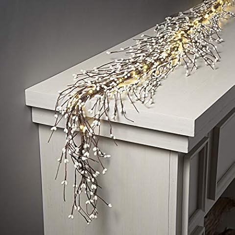 LampLust Lighted Garland, 6 Ft White Berry Garland, Valentines Day Garland, 100 LED Lights, Winter Garland for Mantle All Year Round, Battery Powered, Timer Included, Farmhouse Decor, Valentines Decor Cover