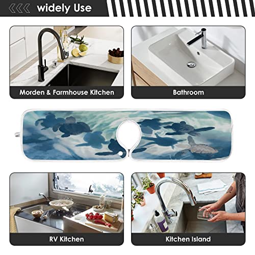 wamika sea turtle faucet water catcher mat 2 pack blue watercolor tortoise drying mat absorbent bathroom faucet handle drip catcher tray bar rv kitchen sink splash guard 14x5 inches