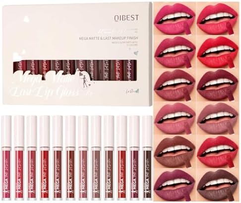 12Pcs Matte Liquid Lipstick Set, Nude Red Waterproof Long Lasting Set B