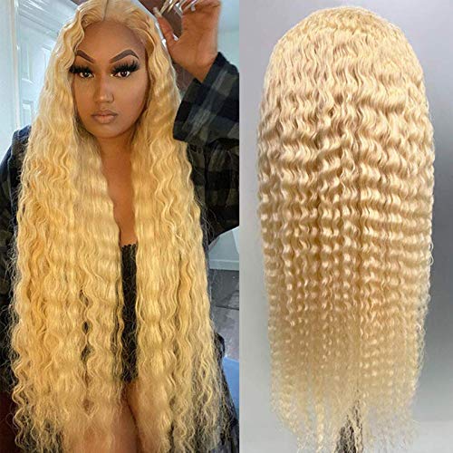 Blonde Closure Wigs Human Hair Deep Wave Wig With Closure Pre Plucked Bleached Knots 4 By 4 Lace Front Wigs 130 Density Grade 9A Brazilia Virgin Hair Long Wigs For Women 26 Inch