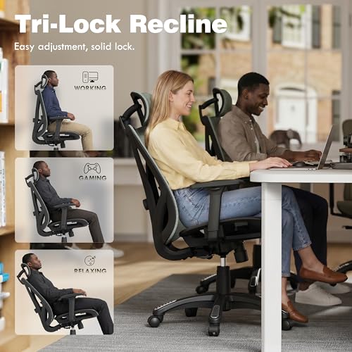 Image of ELABEST T23 Ergonomic Mesh Office Chair, High Back Computer Desk Chair, Breathable AirMesh with Dual-Move Lumbar Support, 3D Armrests & Headrest, Tilt Lock, Big and Tall for Home Office((Eucalyptus)