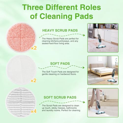 Image of 8 Pack Mop Pads Replacement Compatible with Bissell Spinwave 2124, 2039A, 2307, 23157, 23159, 20393, 20399 Hard Floor Spin Mop, 2 Soft Pads, 4 Scrubby Pads, 2 Heavy Scrub Pads