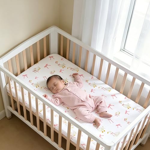 Image of Baby Crib Sheets Girl 2 Pack, Pink Bow Toddler Bed Sheets, Extra Breathable, Soft, Stretchy Microfiber, 28 inchx 52 inch Fitted Sheet for Standard Crib & Toddler Mattress (Goose & Gingham)