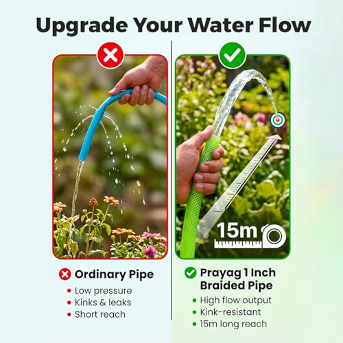 Image of Prayag Garden Pipe 15 Meter(49.21 Feet) | Flexible PVC Water Hose Pipe for Gardening, Car Wash & Home Cleaning | Lightweight & Durable, Braided - Green(15Meter, 1 Inch)