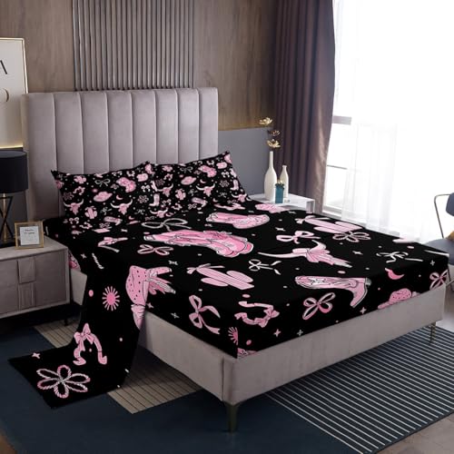 jejeloiu Black Pink Western Aztec Bed Sheets Set for Girls Boys Kids King Size Boots Hat Bedding Room Decor Bull Skull Bow Princess Tribal Rustic Sheet with 16 Inch Deep Pockets Breathable Soft 4Pcs