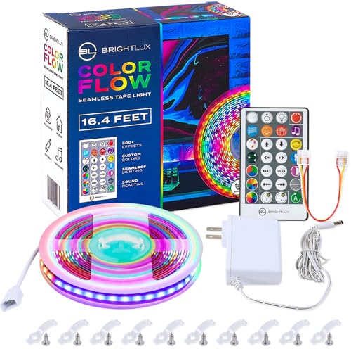 BrightLux RGBIC COB LED Strip Light for Bedroom, Color Changing, Chasing, Music Sync, 16.4ft Flexible Light with Remote Control, Indoor Light, TV, Home Decor, DIY, Cuttable, Gaming, Red White and Blue