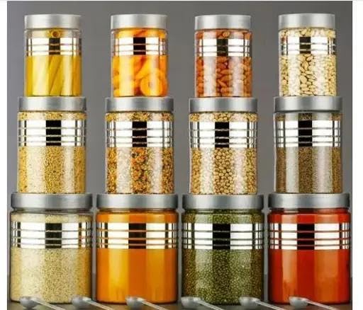 Image of BPA-Free Airtight Silver Line Container Set With Spoon, 12-Piece Kitchen Storage Jars