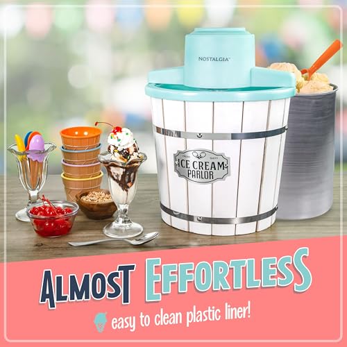 Nostalgia Electric Ice Cream Maker – Wood Bucket Parlor Style, Old Fashioned Soft Serve Ice Cream Machine Makes Frozen Yogurt or Gelato in Minutes - Fun Kitchen Appliance – White & Aqua - 4 Quart