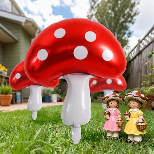 Image of Vuzvuv 30 Inches Red Foil Mushroom Balloons, Video Game Mushrooms Party Decoration for Birthday, Theme Parties, Spring Holiday Picnic, Forest Plant Theme Decor(6 Pcs)