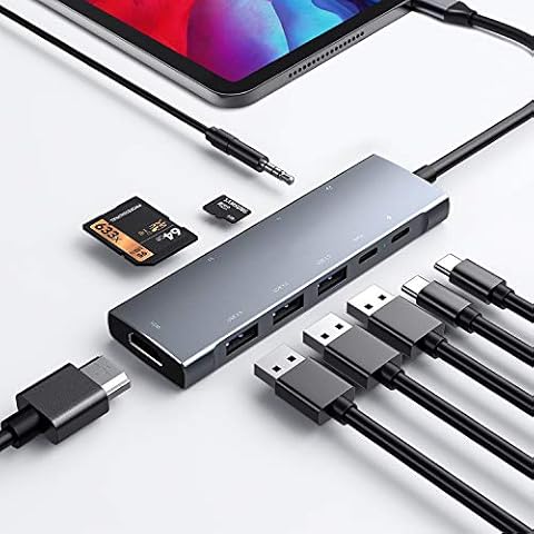 USB C HUB for iPad Pro 9-in-1 Adapter iPad Pro 2021 2020 12.9 11 Inch iPad Air 5 4 with 4K HDMI, USB-C PD Charging, SD/Micro SD Card Reader, USB 3.0, 3.5 mm Audio Jack Type C accessories Cover