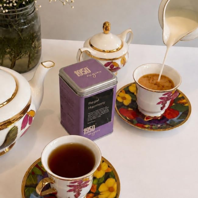 Image of 1950 Origins Regal Harmony Darjeeling Long Leaf Black Tea and Premium Assam CTC Blend | 150g Tin Caddy |100% Natural Fresh & Aromatic Loose Leaf Tea | Kadak Chai | Chaipatti | Darjeeling First Flush | Assam Loose Chai