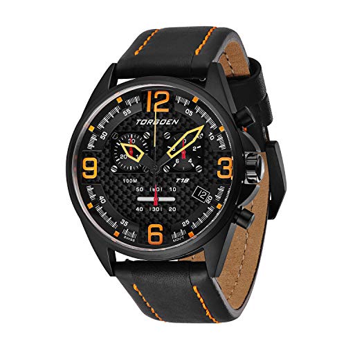 Torgoen T18 Black Carbon Fiber Chronograph Pilot Watch for Men, Swiss Quartz, K1 Crystal with Black Leather Strap