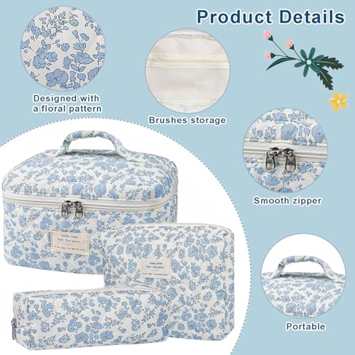 Floral Makeup Bag for Women, 3 Pcs Quilted Cosmetic Bag, Cute Flower Makeup Bags Set, Coquette Cotton Make Up Bag, Large Cosmetic Pouch, Aesthetic Travel Toiletry Organizer Bag2