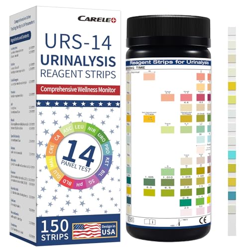 14-Panel Urine Test Strips - 150ct, Comprehensive Urinalysis for Men & Women, Detects UTI, pH, KET, Prot, SG, BIL, GLU, CRE, BLO, and More - Ideal for Home Use