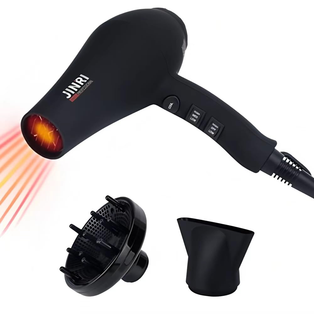 JINRI 1875W Hair Dryer, Ionic Hair Dryer with Diffuser and Concentrator Nozzle, Comb Included, Professional Salon DC Motor, 2-Speed and 3-Temperature Settings