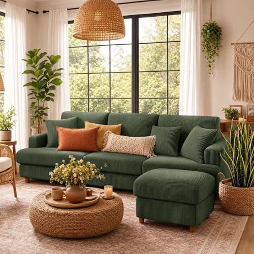 Image of Kidirect 87in L Shaped Couch, Modular Sofa No Tool Assembly, Comfy Sectional Couches for Living Room 21 inch Deeper Seats, Corduroy Sofas for Living Room &2 Pillows, Loveseat Sofa Set, Oliver Green Couch
