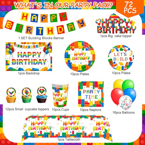 Serviettes de table blocs de construction pour fête, assiettes et décorations d'anniversaire
