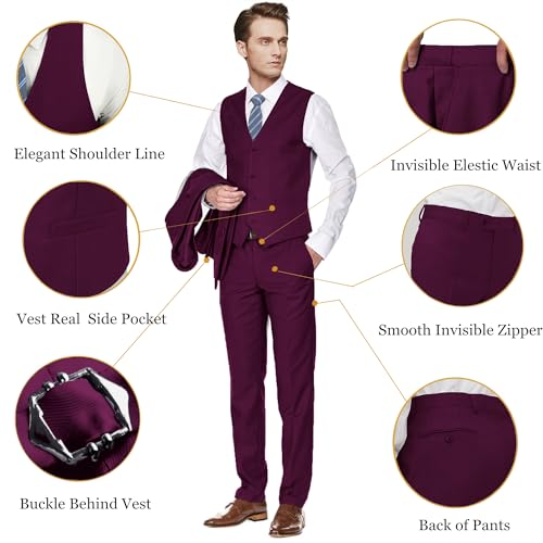 Image of Men's Slim Fit 3 Piece Suit Two Button Business Wedding Dress Tux Suit Set Jacket Vest Pants with Tie