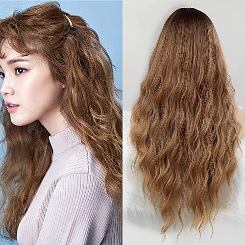 HAIRCUBE Long Brown Wigs for Women Curly Hair with Dark Roots