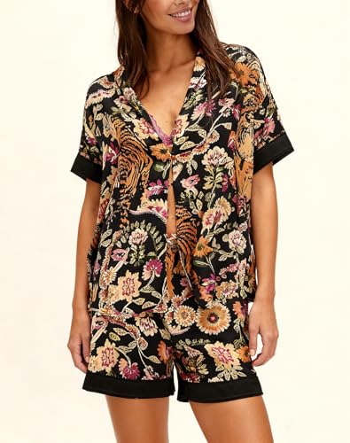 Image of Women Silk Pajamas Floral Satin 2 Piece Pajama Sets | Button Down Short Sleeve Shirt and Elastic High Waist Shorts, Vintage 2Pcs Pj Sets, Two Piece Lounge Set, Elegant Sleepwear