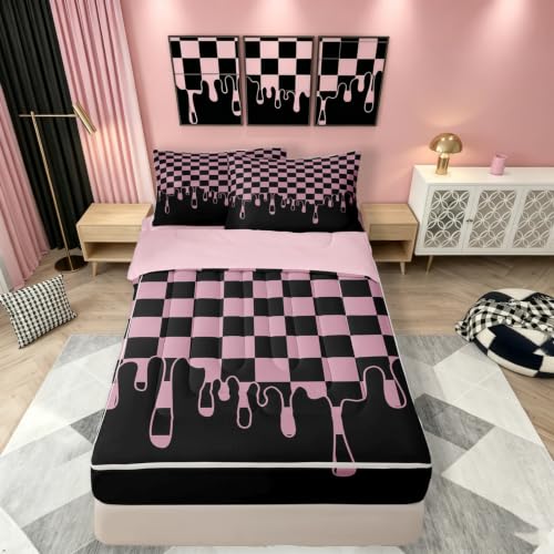 Image of Black Pink Checkered Zipper Bedding 4 Piece Comforter Set - Full Size Zip Up Comforter with Fitted Sheet & 2 Pillowcases,Checkerboard Drip Indie Aesthetic Funky Geometric Bed in a Bag for Kids