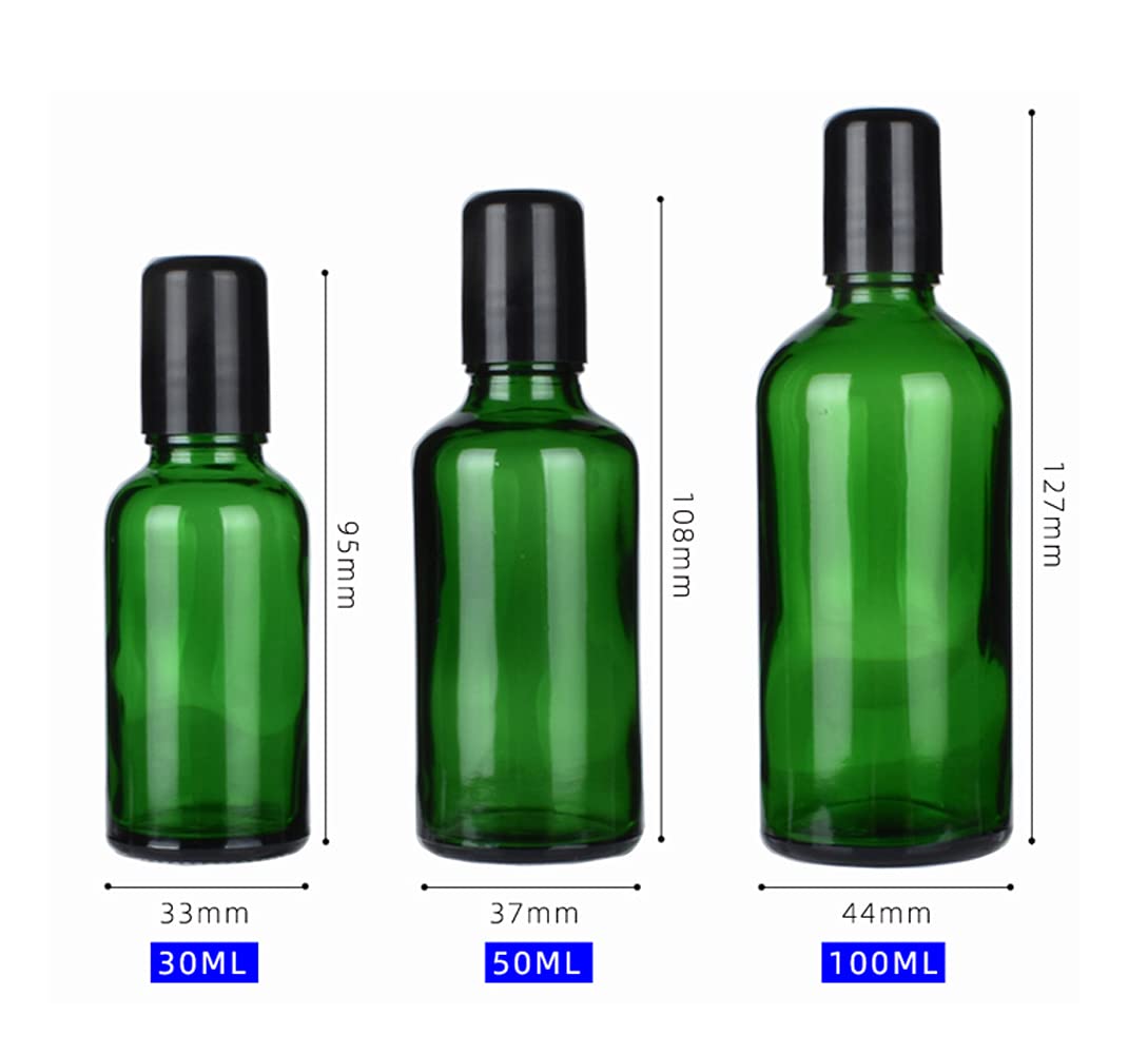 6 botellas de 30 ml vacías de recambio de vidrio verde para muestras de aceite esencial con bolas de rodillo de metal y tapa negra, para cosméticos, aromaterapia, perfumes, bálsamos labiales