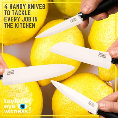4pc Ceramic Blade Kitchen Knife Set  Paring, Utility, Santoku, Chef knives With Covers/Sheaths. Black Soft Grip Handle. Corrosion, Rust Resistant. Stays Sharper Longer Than Steel. Taylors Eye Witness