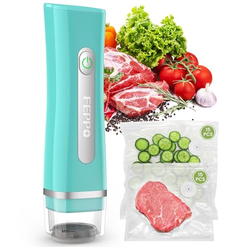 FEPPO Vacuum Sealer for Food with Visible Water Tank, Handheld Saver Compact Vacuum Sealer Machine with 30 Reusable Bags for 6X Preservation & Fresh, Teal