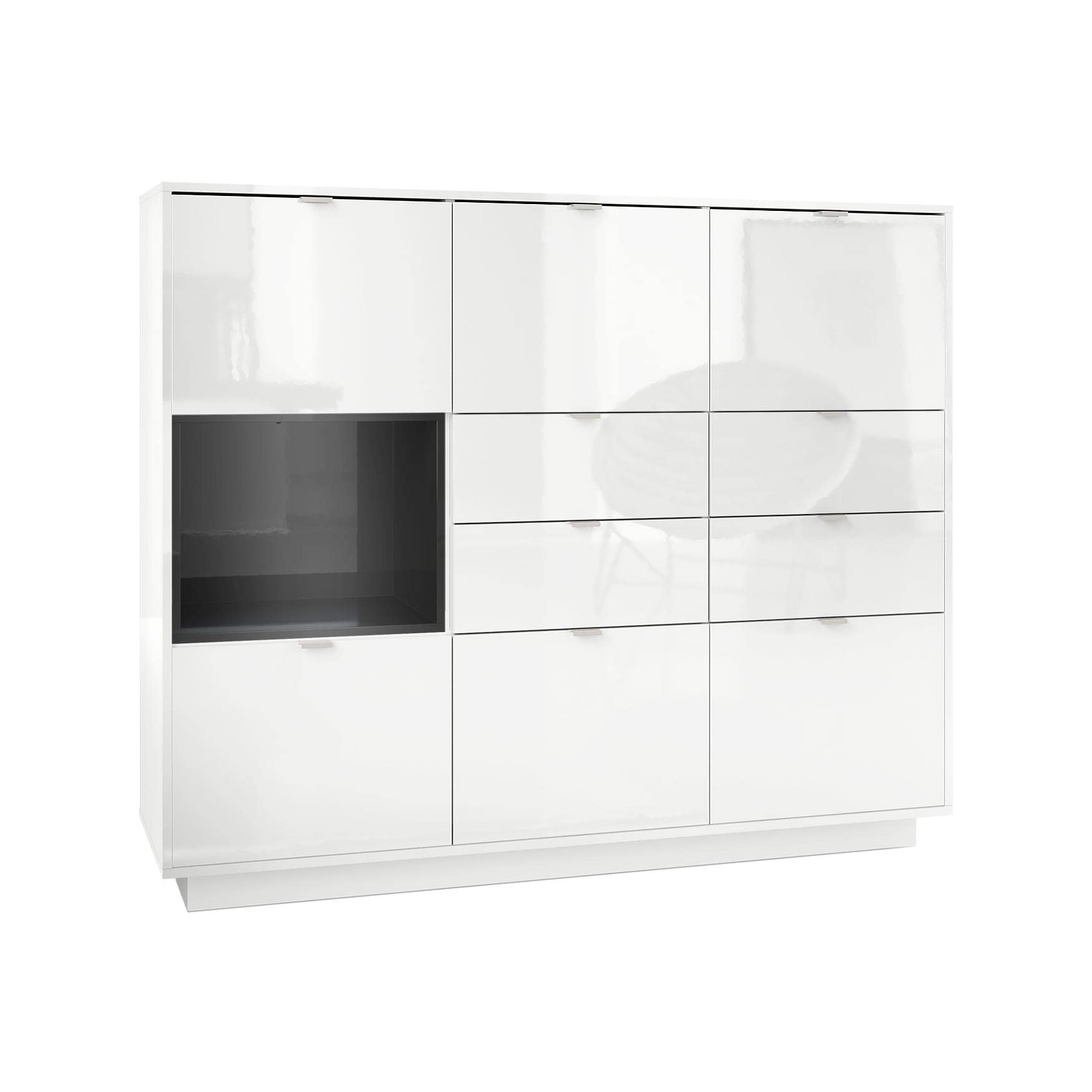 Vladon Buffet Haut Armoire Metro V2, Corps en Blanc Haute Brillance/Façades en Blanc Haute Brillance avec Une Insertion en Noir Haute Brillance
