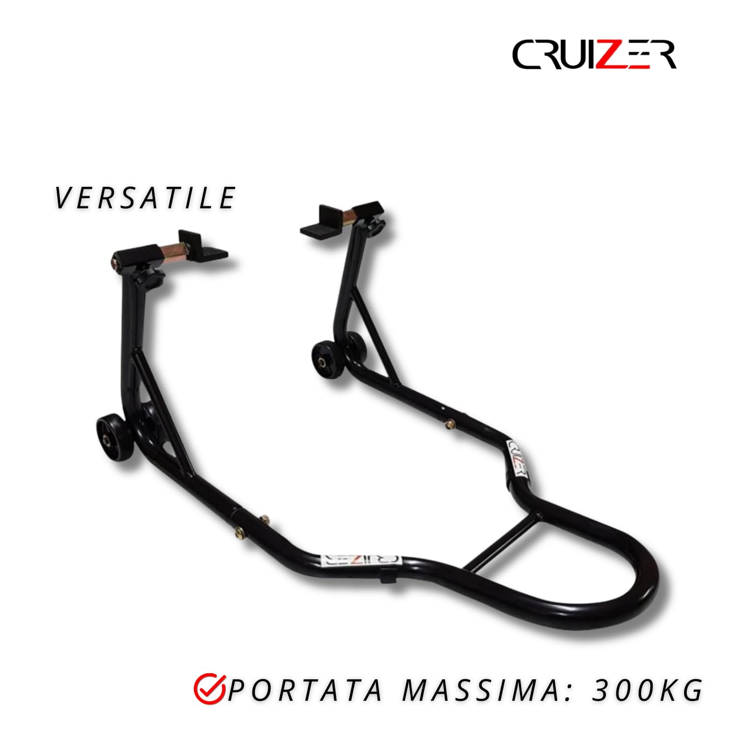 CRUIZER Cavalletto Posteriore Alza Moto Attacchi a Piastra Regolabile con 4 Ruote Sottostanti Barre Rinforzi Laterali con Portata Max 300 Kg