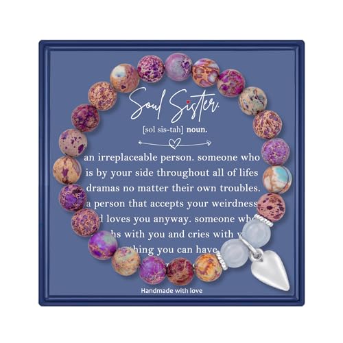 LINY Womens Birthday Gifts Idea Friendship Gifts For Soul Sister Best Friend Bestie Mom Daughter Aunt Niece, Natural Stone Imperial Jasper Bead Bracelet Personalized Gifts for Her