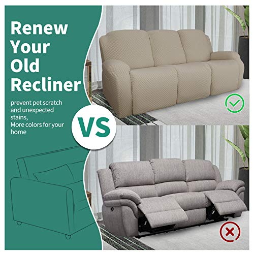 Image of YEMYHOM 8 Pieces Stretch Recliner Sofa Cover Jacquard Reclining Couch Cover with Side Pocket Anti-Slip Fitted 3 Cushion Furniture Slipcovers with Elastic Bottom (Sofa Recliner, Khaki)