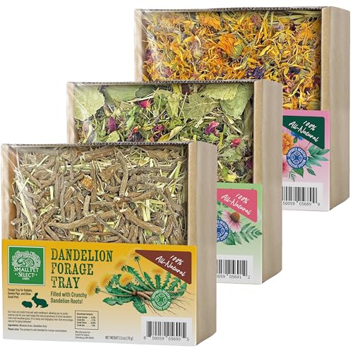 Small Pet Select Forage Tray Bundle 3 Pack of Foraging Trays for Rabbit Guinea Pig Hamster or Bunny - Natural Treats Dandelion Flower Herb Mix 2.5oz Each
