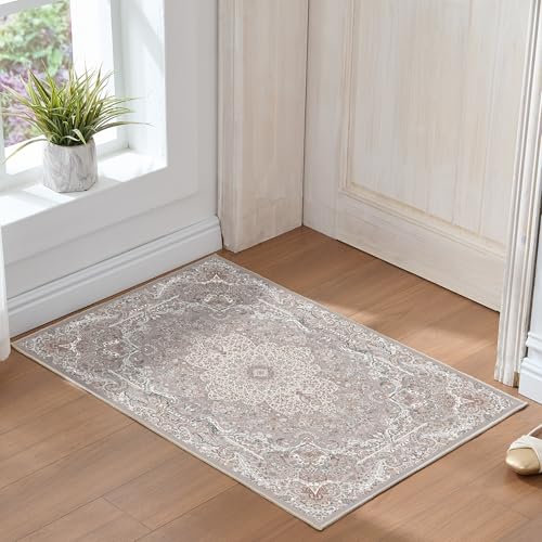 Vintage 2x3 Washable Area Rug, Low-Profile Entryway Rug with Non-Slip Backing & Durable Edge Binding, Pet-Friendly Doormat, Small Rug for Entryway, Kitchen, Living Room