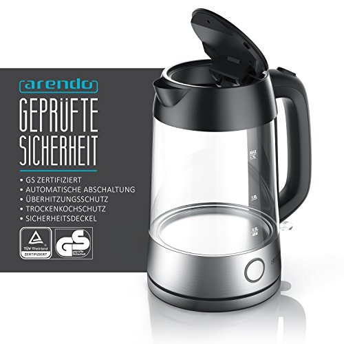 Arendo - Glas Edelstahl Wasserkocher mit LED Innenbeleuchtung - 2200 Watt - 1,7 Liter - integrierter Kalkfilter… – Bild 3