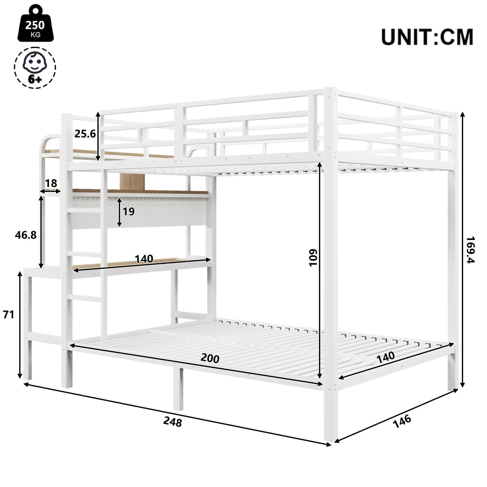Sapgaks Lit superposé Enfant en Fer 140x200 cm avec Barre Lumineuse LED, Port USB,Bureau,Compartiment de Rangement,lit Enfant 140 x 200,Cadre de lit 2 Personnes avec sommier (A-Blanc 140)