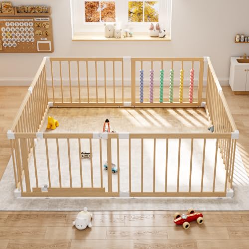 IKALIFE Large Wooden Baby Playpen - Size Adjustable Fence...
